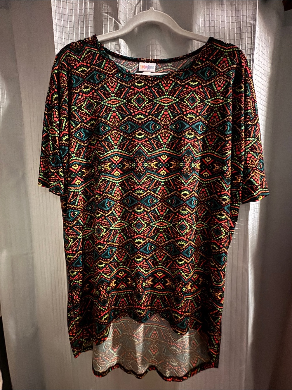 LuLaRoe Black Tunic with Teal, Red & Yellow Tribal Print